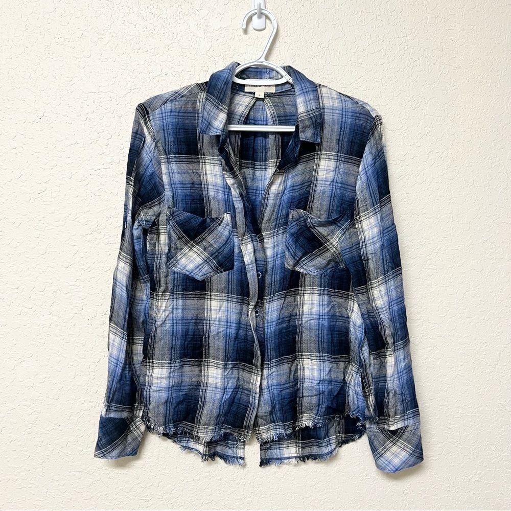 Cloth and Stone Top Womens Size S Blue Plaid Button Up Raw Hem Pockets